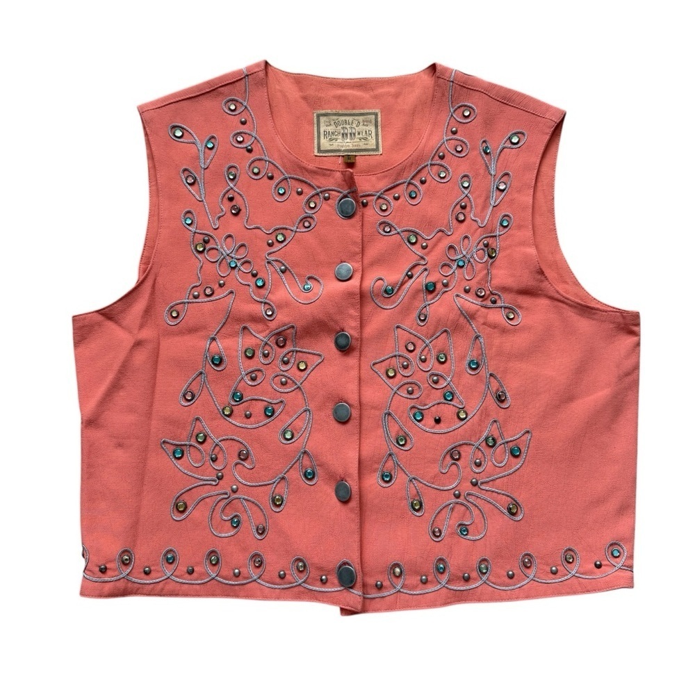 VTG Double D Ranch Wear Womens Vest L Coral Pink Embellished Gems Western Stitch